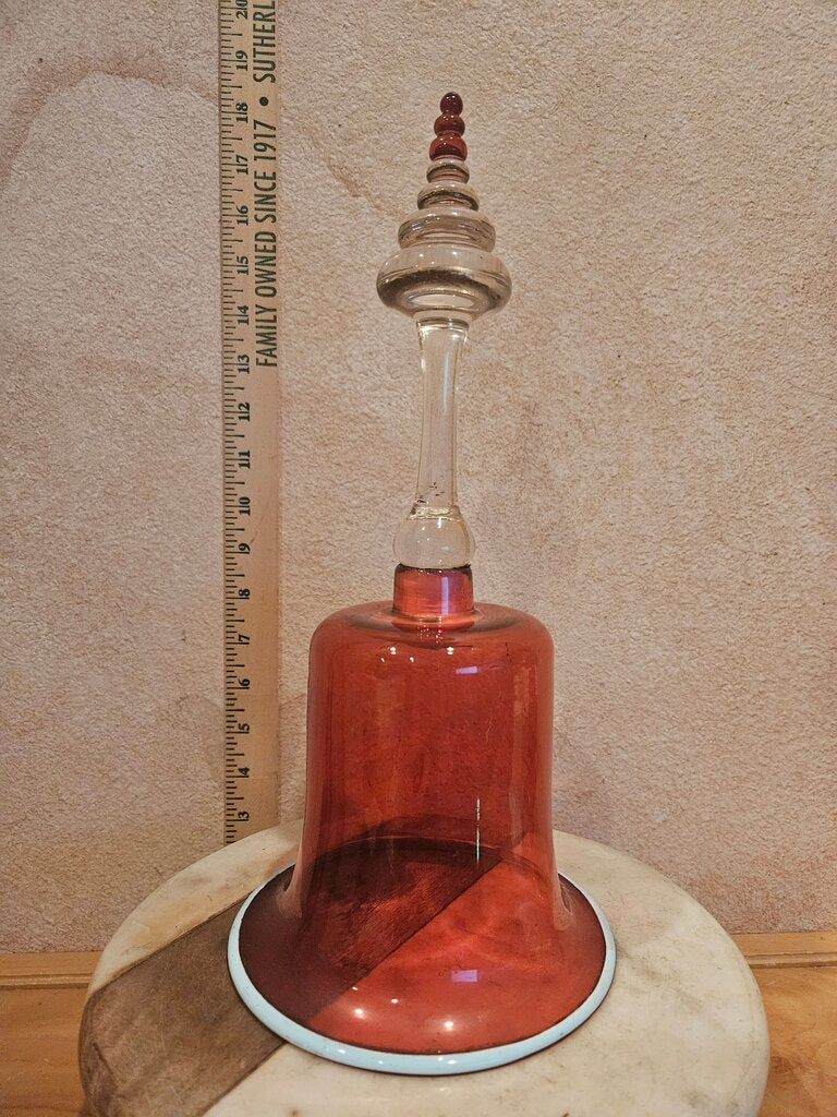 Vintage Hard to Find Victorian English Cranberry Hand Blown Glass Wedding Bell w white trim Rare RED Beehive Finial c.1890