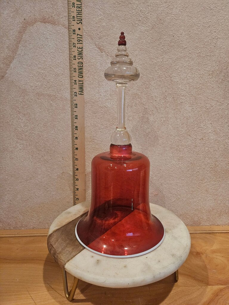 Vintage Hard to Find Victorian English Cranberry Hand Blown Glass Wedding Bell w white trim Rare RED Beehive Finial c.1890