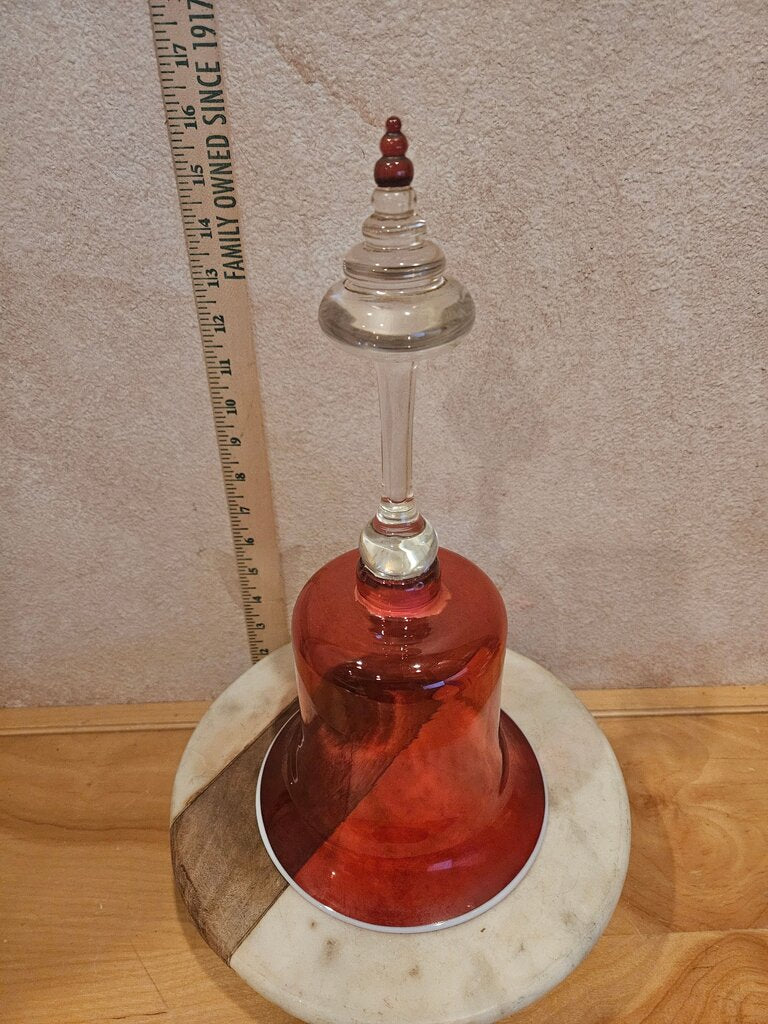 Vintage Hard to Find Victorian English Cranberry Hand Blown Glass Wedding Bell w white trim Rare RED Beehive Finial c.1890