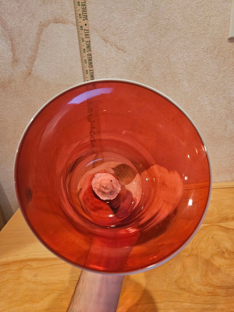Vintage Hard to Find Victorian English Cranberry Hand Blown Glass Wedding Bell w white trim Rare RED Beehive Finial c.1890