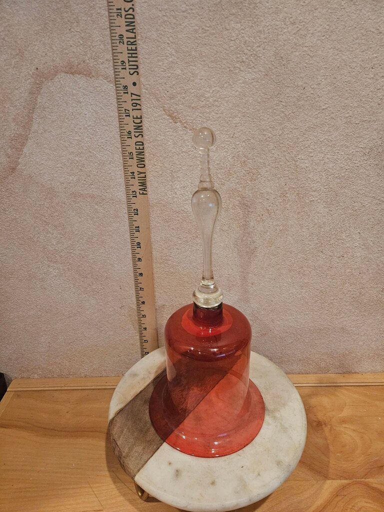 Elegant Hard to find clear Rarer extended w ball motif handle British 19th Century Early Victorian Cranberry Handblown Glass Dinner Bell w clanker