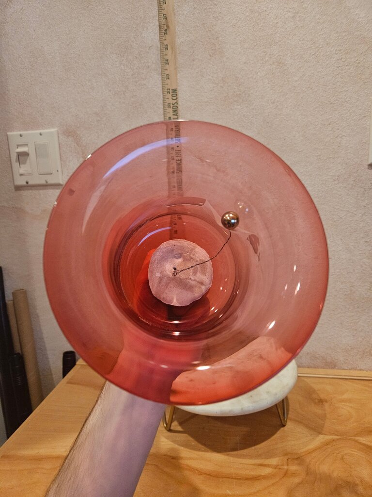 Elegant Hard to find clear Rarer extended w ball motif handle British 19th Century Early Victorian Cranberry Handblown Glass Dinner Bell w clanker