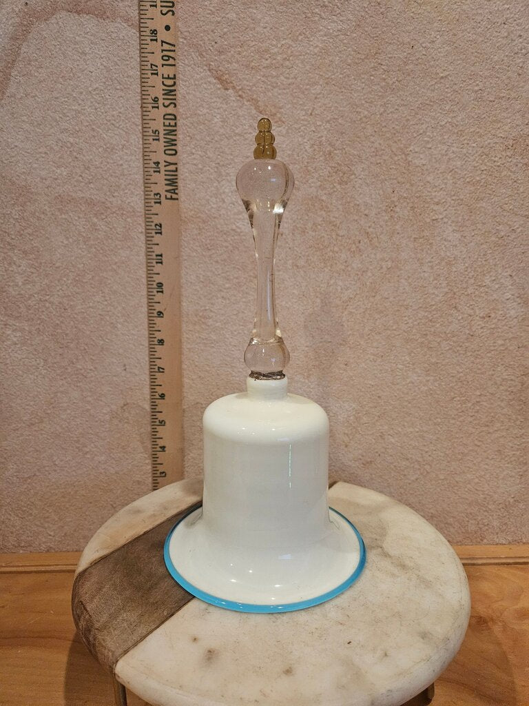 Very Unique Hard to find Victorian Hand Blown White Opaline Baby Blue Trimmed & White Glass Wedding Bell w golden yellow tip accent