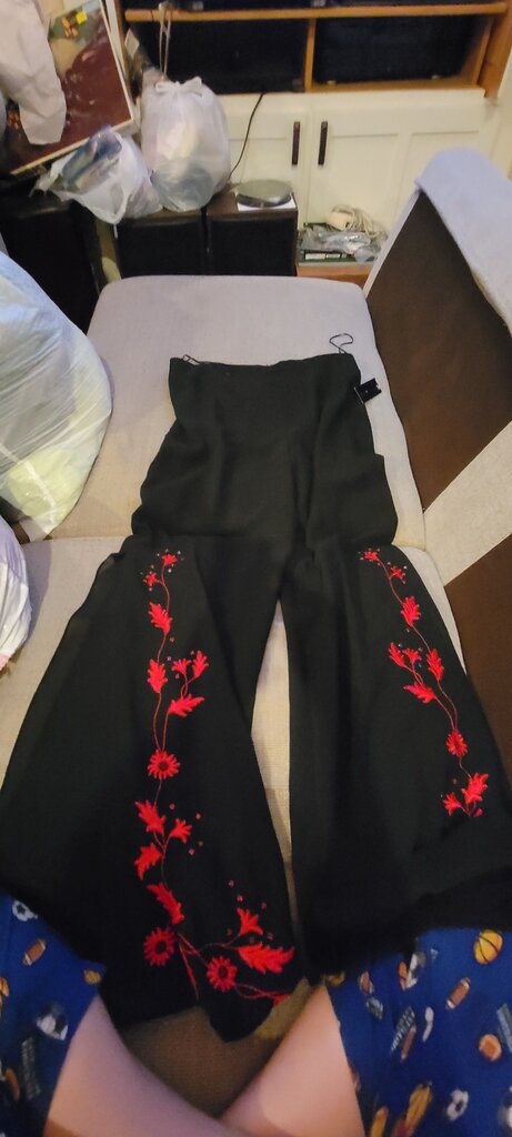 JS Boutique Women's Black Pants with Red Floral Embroidery
