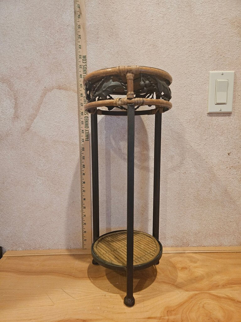 Vintage Rustic Wrought Iron Metal Wicker Rattan Round Pedestal Plant Stand Farmhouse indoor outdoor display Fern Table Woven Wicker Top