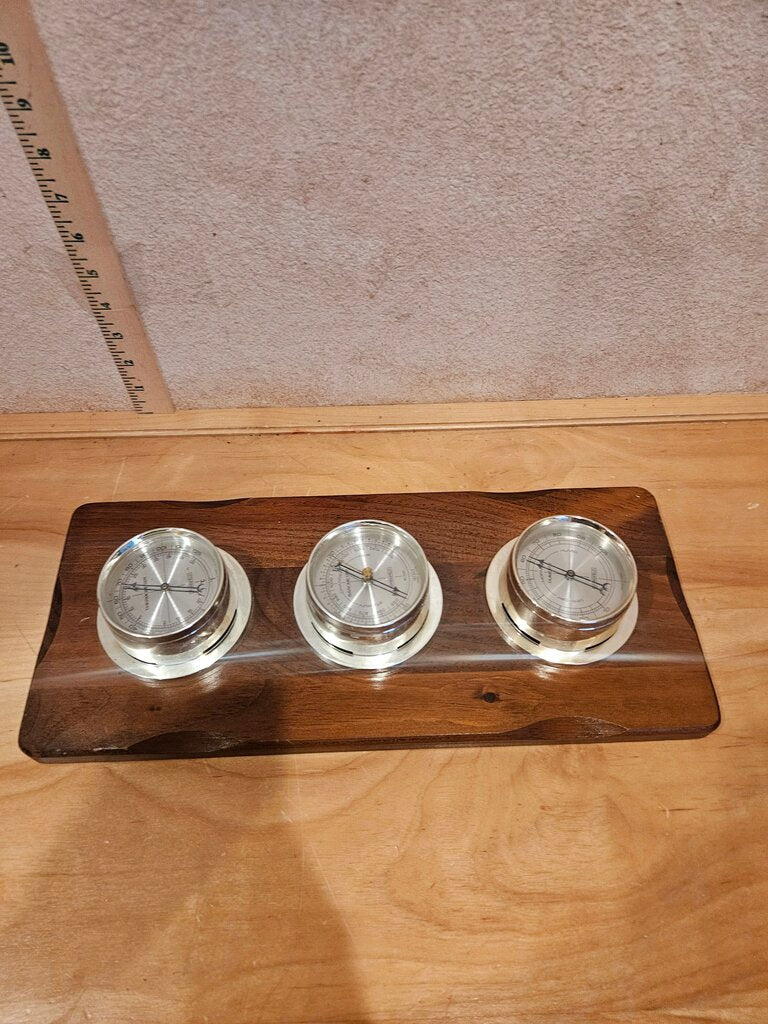 Vintage Thermometer Barometer Humidity Weather Station Instrument Set Brass Gauges Springfield USA Mid Century Oak Plaque