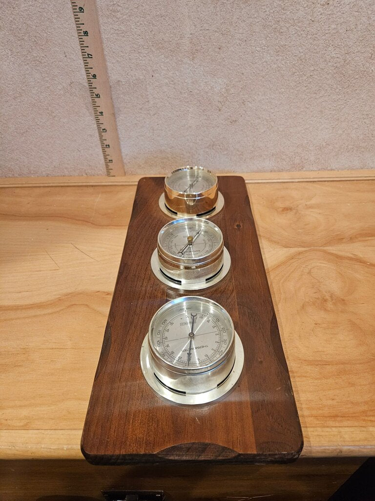 Vintage Thermometer Barometer Humidity Weather Station Instrument Set Brass Gauges Springfield USA Mid Century Oak Plaque