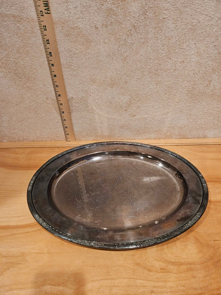Vintage Silver Plated Serving Tray Tudor Oval Plate w Textured Relief rose embossed scroll edge barware display centerpiece, candle holder