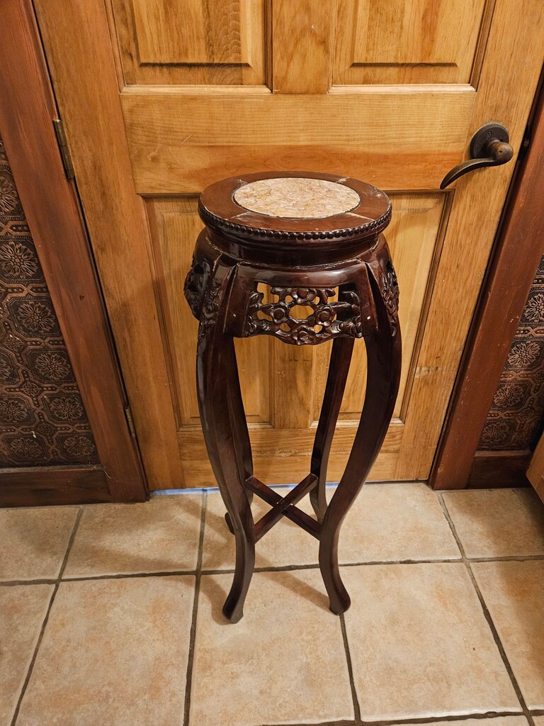Antique As Is Chinese Carved Rosewood & Rouge Marble Pedestal Vase or Plant Stand Table