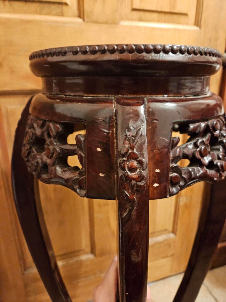 Antique As Is Chinese Carved Rosewood & Rouge Marble Pedestal Vase or Plant Stand Table