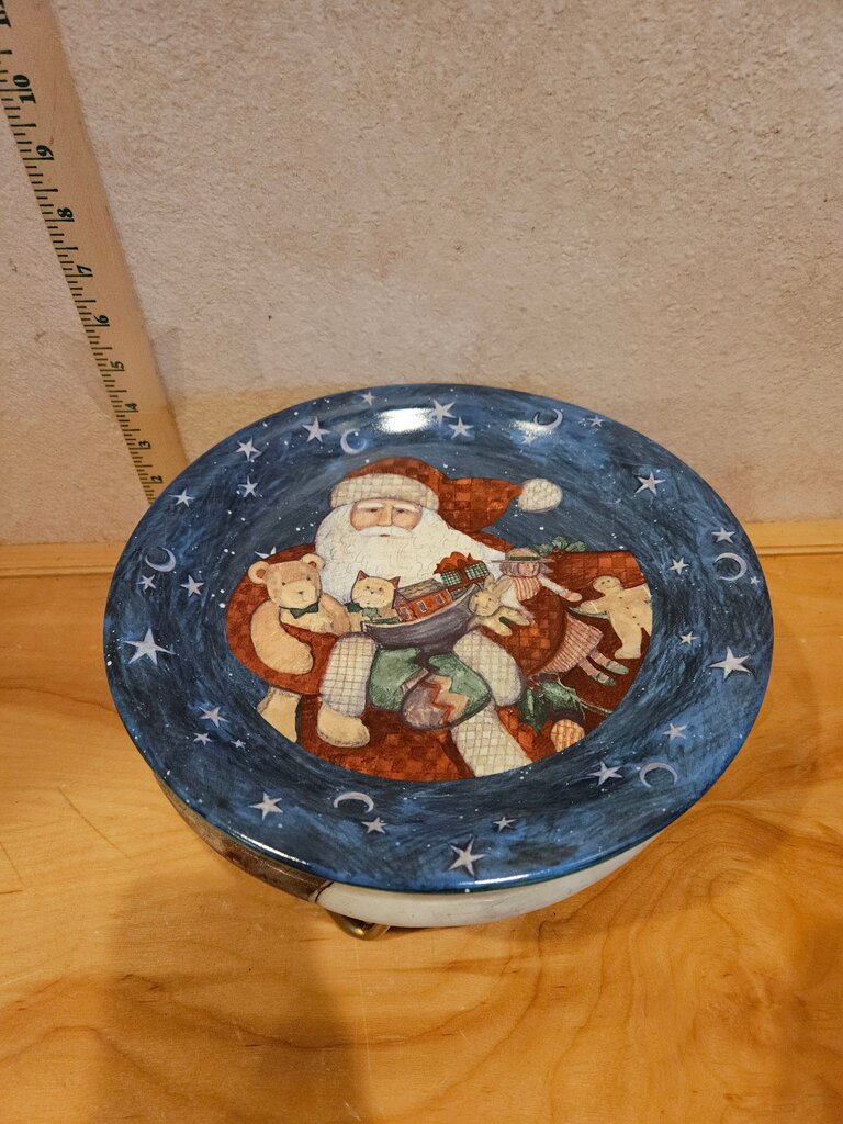 Hand painted Father Christmas by Certified International Christmas cookie dessert server plate holiday display Farmhouse Chic Decor cloche base