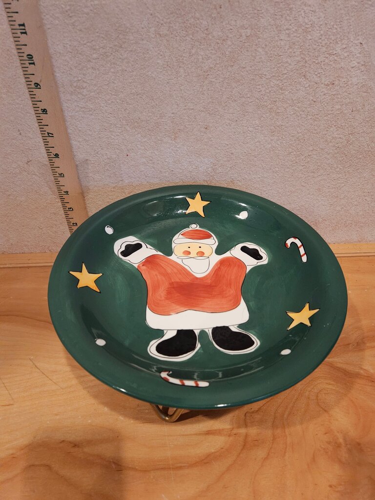 Gibson Festive Hand painted Santa Christmas cookie dessert server plate holiday display Farmhouse Chic Decor cloche base