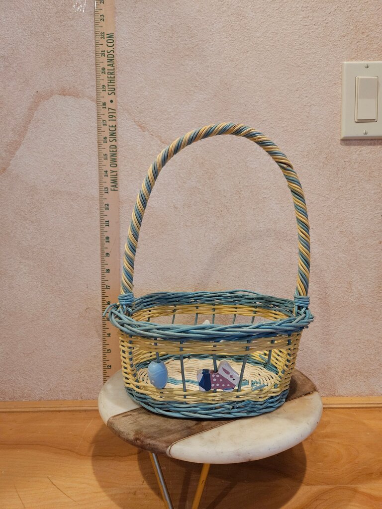 Handwoven Vintage White Blue Open Weaved w wood bunny motif beads Easter Basket Decorative Grandmacore Cottage Granny Core