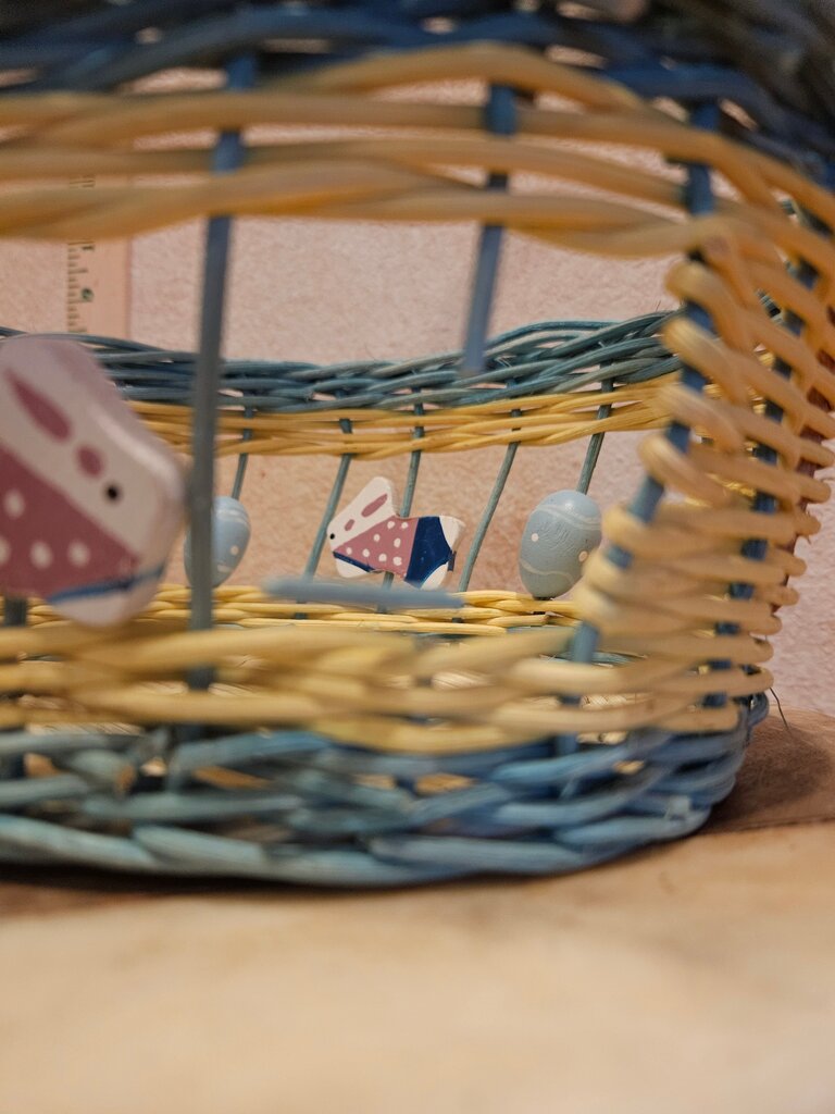 Handwoven Vintage White Blue Open Weaved w wood bunny motif beads Easter Basket Decorative Grandmacore Cottage Granny Core