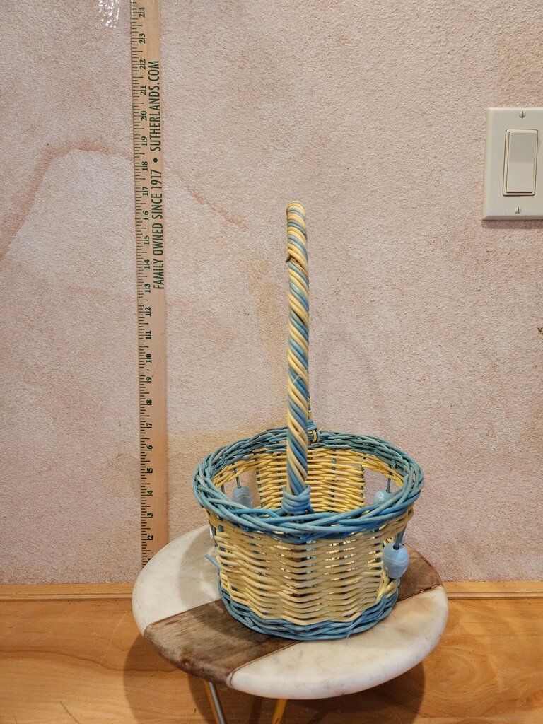 Handwoven Vintage White Blue Open Weaved w wood bunny motif beads Easter Basket Decorative Grandmacore Cottage Granny Core