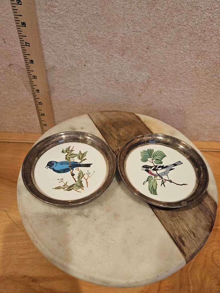 Set Of 3 Vintage Sheridan Silver & Porcelain Coasters w Bird Pattern candle riser, trinket dish cloche base bareware grandmacore cottage granny corecuties Mini Decorative Bird Plates