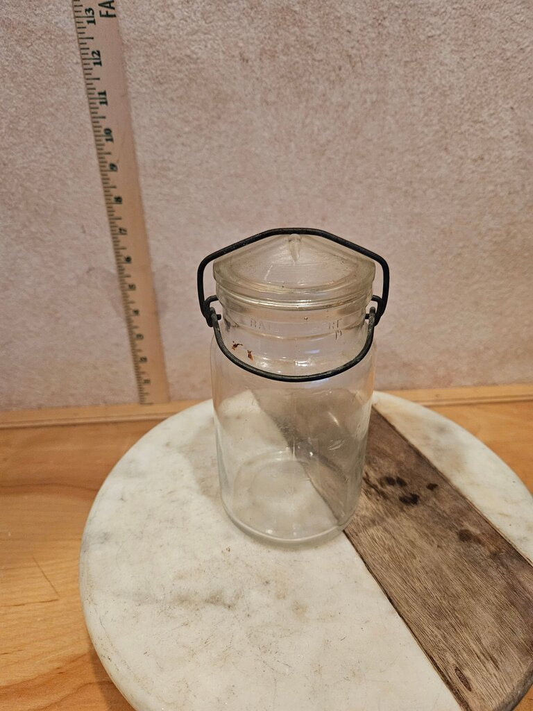 Vintage Thick Clear QT Jar w/ Glass Lid & Wire Bail