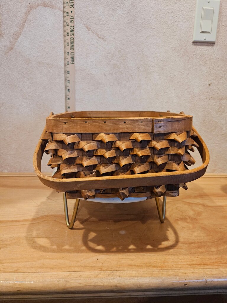 Vtg Basket-Porcupine Curl Style Woven Basket with double Bail Handle Penobscot Style Basket Curly Q Curlicue Canadian cedar bark?
