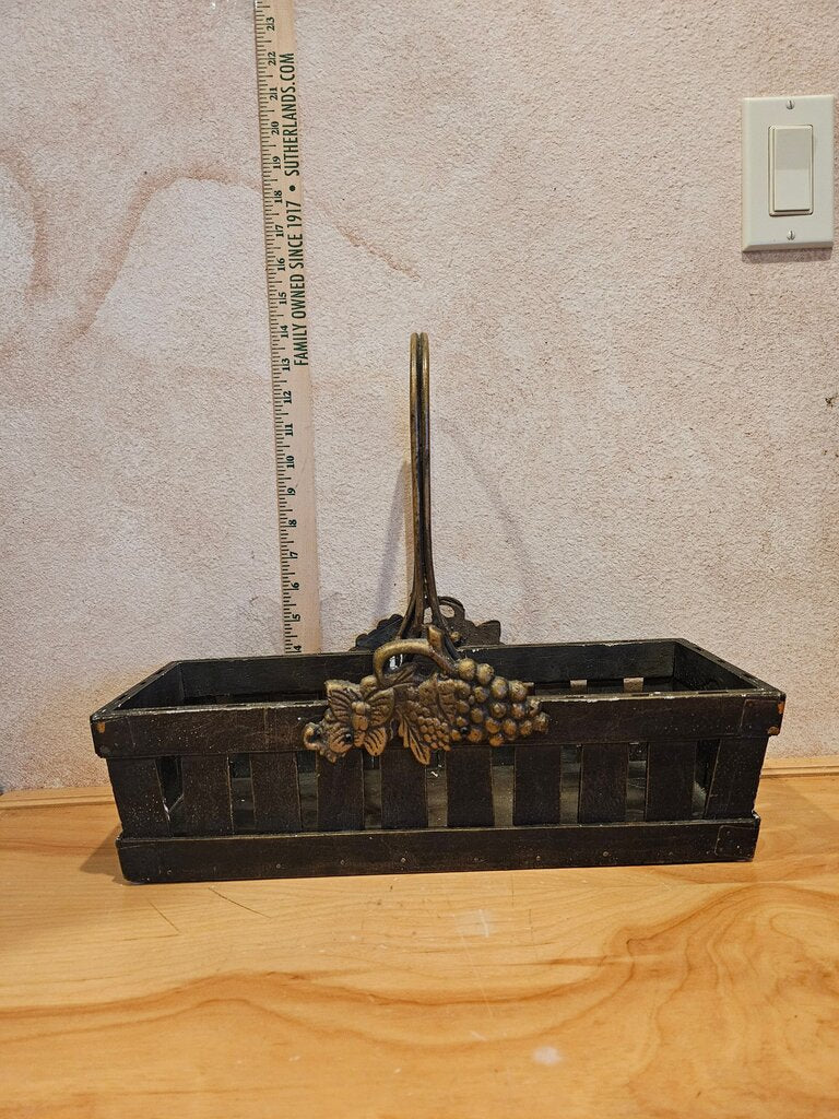 Vintage European Style Slat Slug Wooden Basket Wine Carrier Utensil Caddy Napkin Holder w Metal Ornate Handle Grape Motif Table display