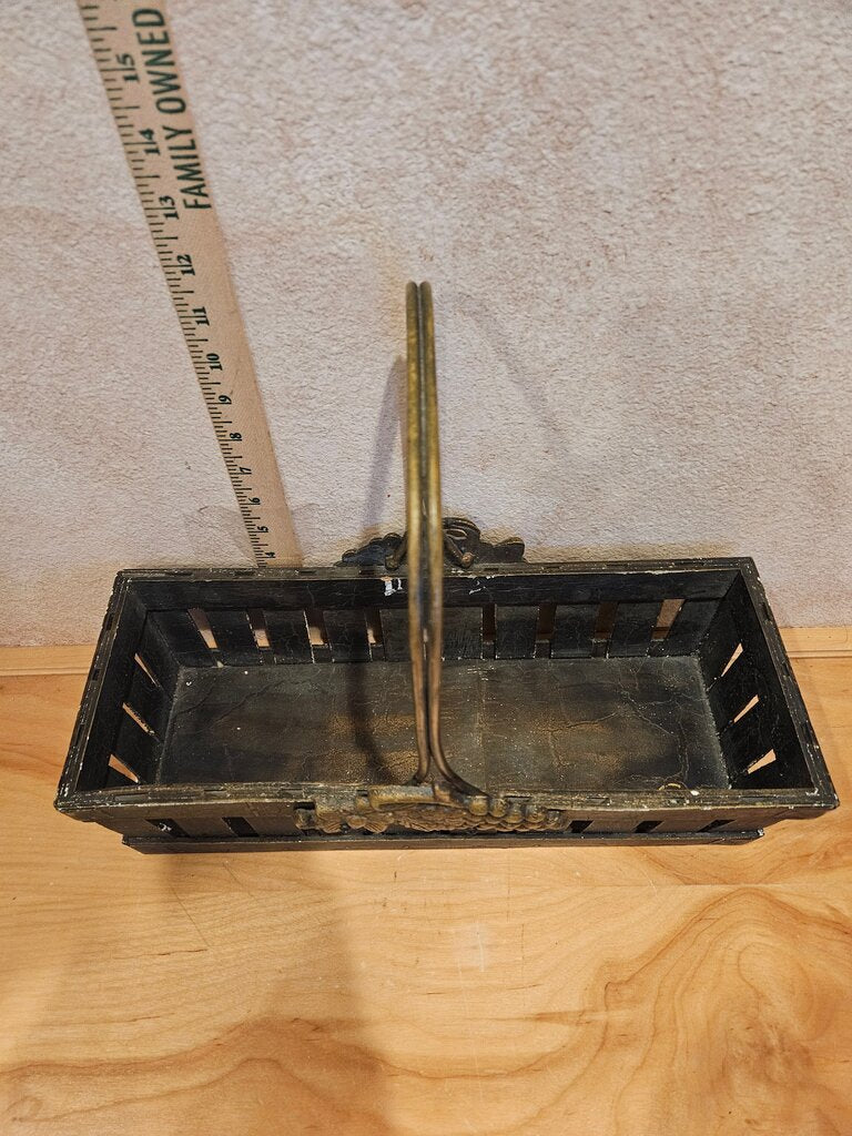 Vintage European Style Slat Slug Wooden Basket Wine Carrier Utensil Caddy Napkin Holder w Metal Ornate Handle Grape Motif Table display