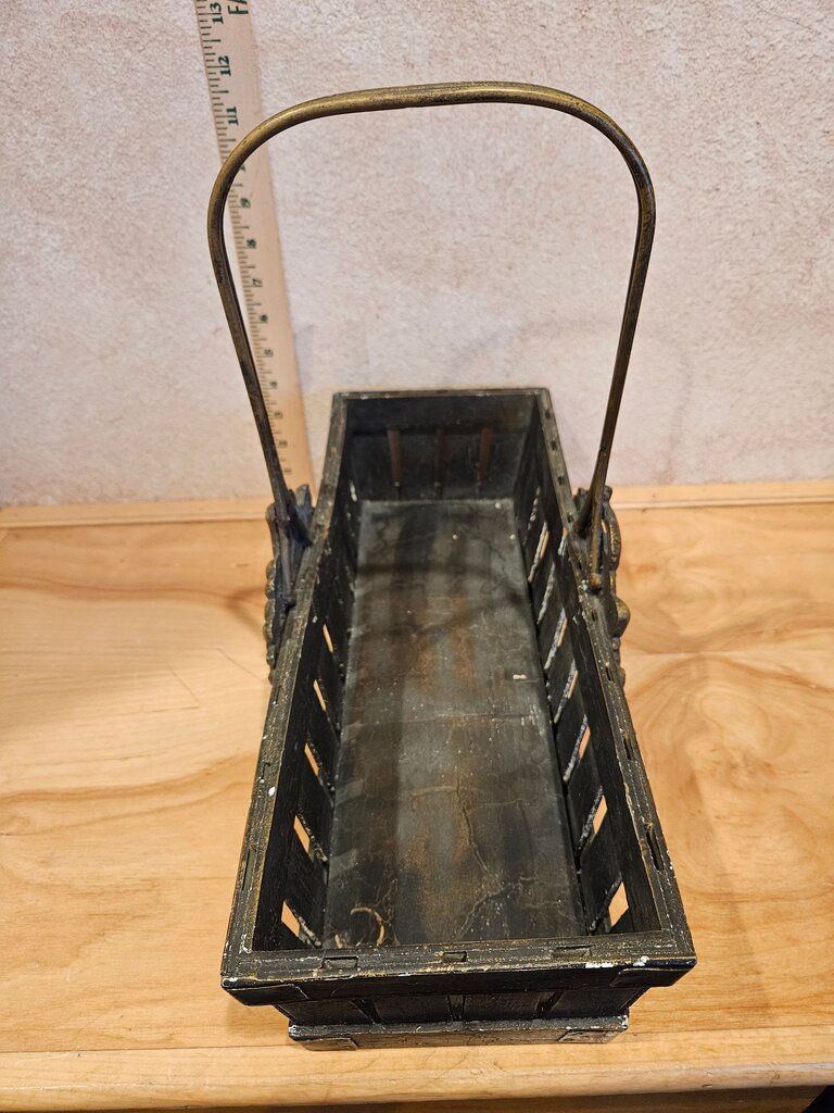 Vintage European Style Slat Slug Wooden Basket Wine Carrier Utensil Caddy Napkin Holder w Metal Ornate Handle Grape Motif Table display