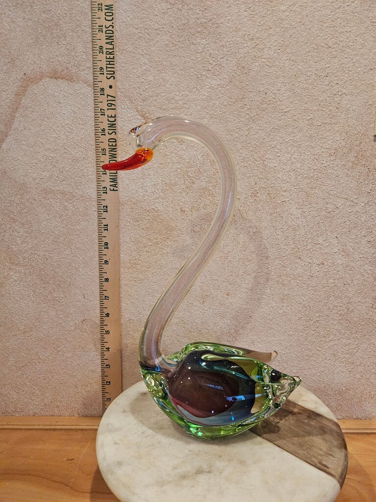 Rare Vintage Artesian MCM Murano Style Large Glass Swan Statue Paperweight Art Glass Display Blown Artist Maybe Italian Italy Figure Figurine Bird Love Colorful Dale