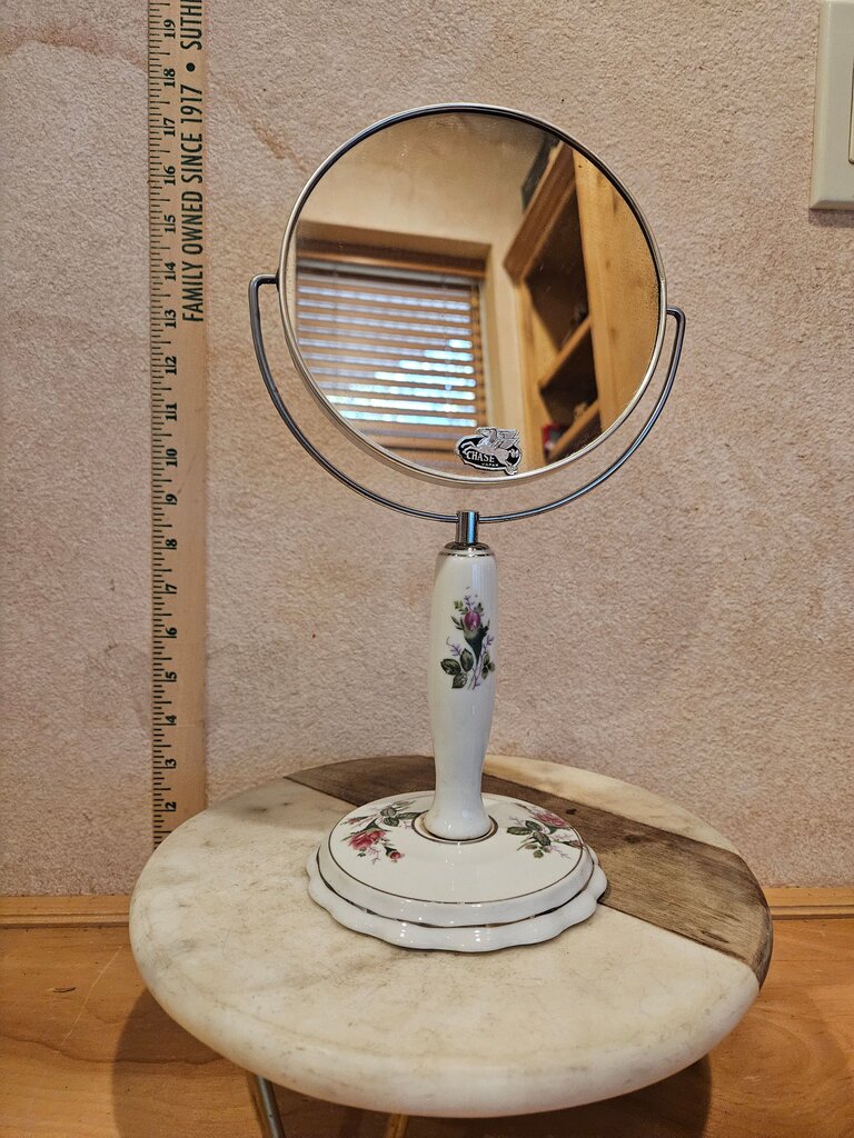 MOSS ROSE Porcelain Standing Swivel Makeup Vanity Mirror One Enlarges Vintage 1950-60s Grandmacore Cottage Granny Core