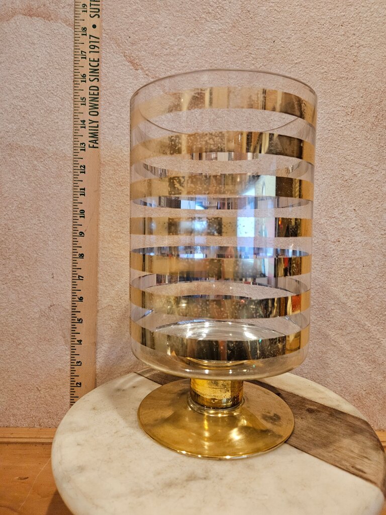 Vintage Mid Century Style Chippy Gilded Pedestal Gold Banded Vase Glass Gilt Candle Holder w Gold Stripes Hollywood Regency