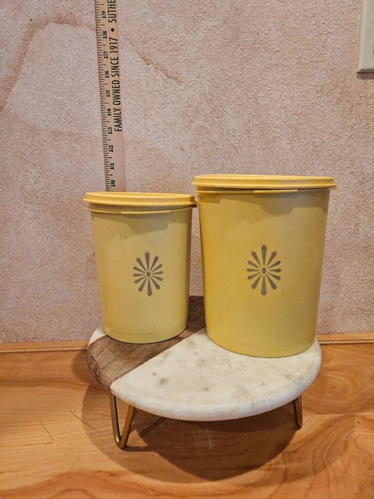 Vintage Harvest Gold Tupperware Servalier Canisters Set Of 2 w Lids Nesting 'Starburst' Pattern Yellow Kitchen Pantry Counter Storage Containers