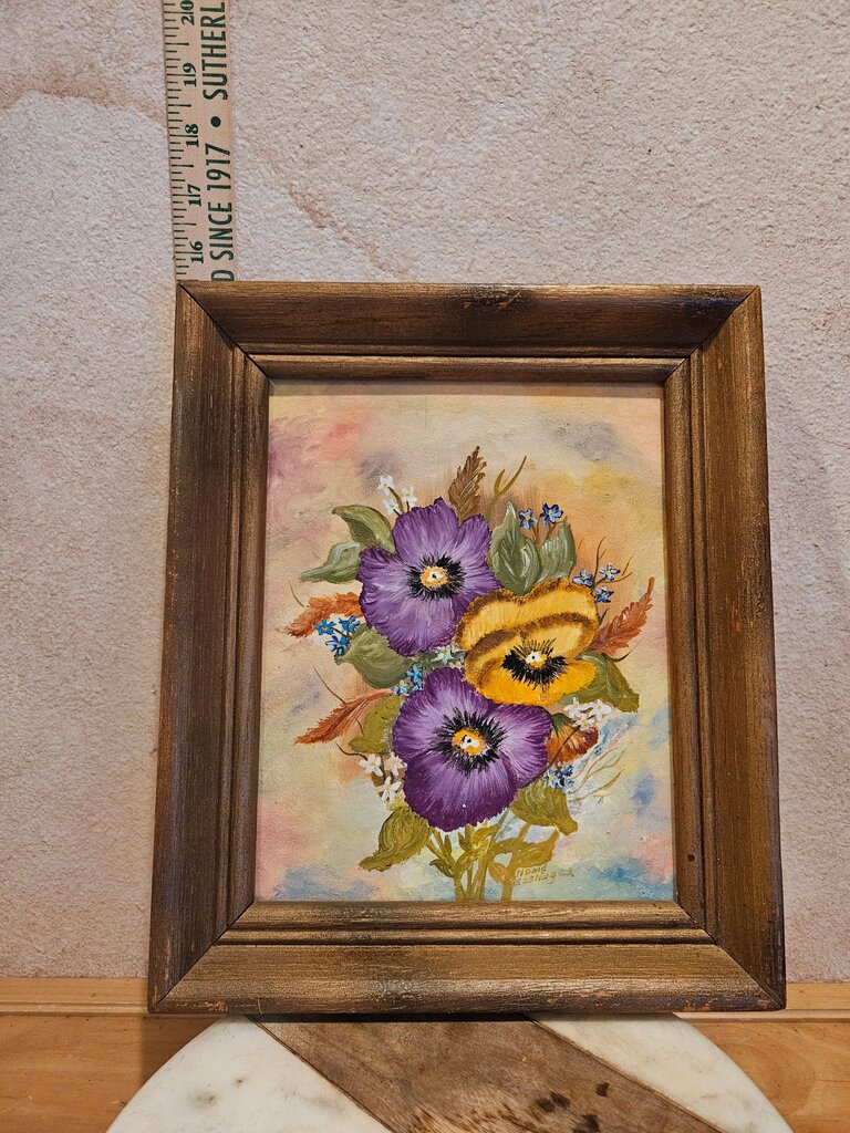 Framed Vintage Hand painted Floral Pansy Artist Painting