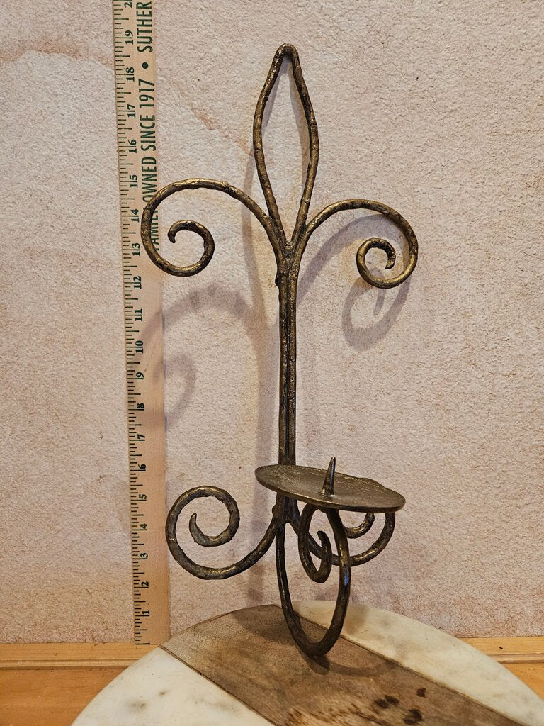 Vintage Fleur-de-Lis Gilded Scrolled Metal Wall Artisanal Sconce Candle Holder Hollywood Regency Style