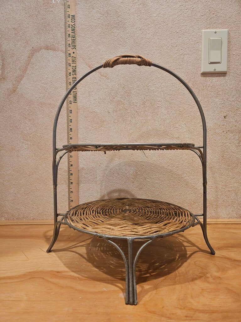 Two Tier Tea Party Woven Wicker Basket with wire handle table /shelf / riser / vignette display / Hot Chocolate stand or organizer Grandmacore Cottage Granny Core