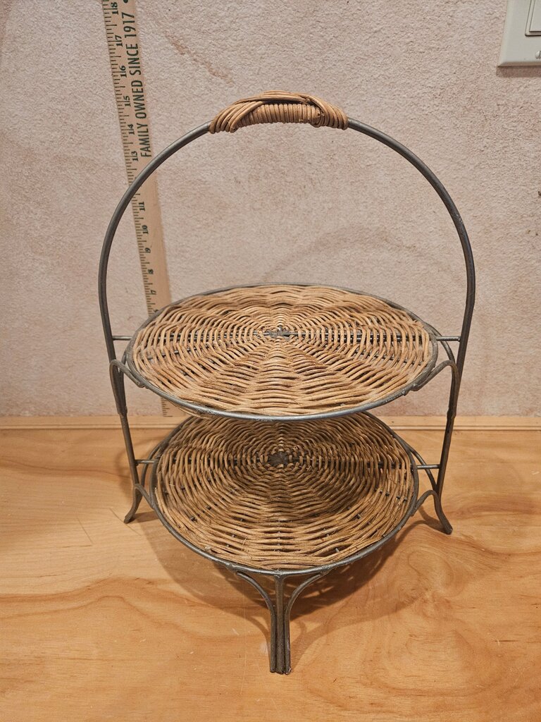 Two Tier Tea Party Woven Wicker Basket with wire handle table /shelf / riser / vignette display / Hot Chocolate stand or organizer Grandmacore Cottage Granny Core