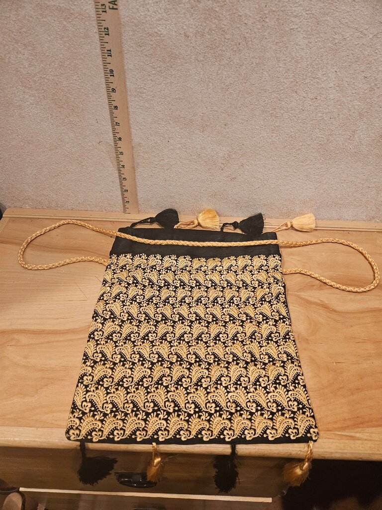 Embroidered Black and Gold Drawstring Bag