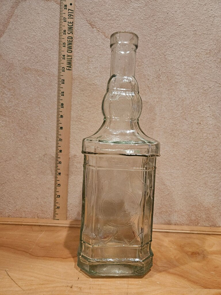 Vintage Greenish Tint Clear Glass Square Bottle Apothecary Jar w/ Raised Design Bottled Container