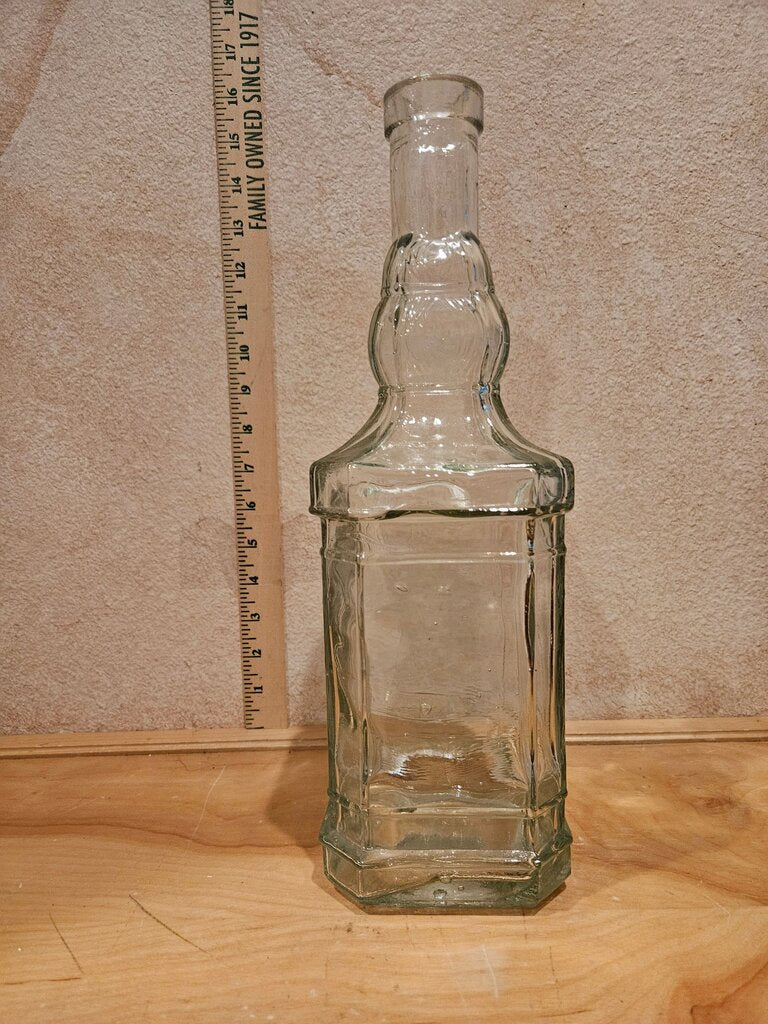 Vintage Greenish Tint Clear Glass Square Bottle Apothecary Jar w/ Raised Design Bottled Container