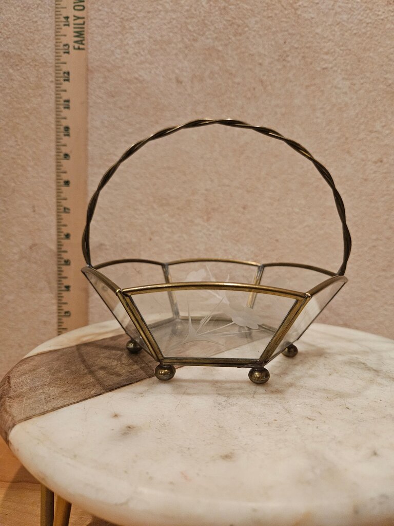 Glass & Brass Jewelry Tray basket Vanity Decor Bathroom Decor Floral Stenciled Designs Glass Panels w Brass Framing Ring Tray /Open Jewelry Box / table display Grandmacore Cottage Granny Core