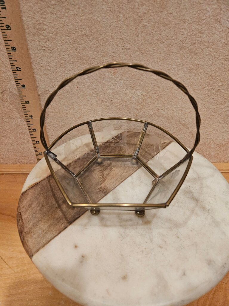 Glass & Brass Jewelry Tray basket Vanity Decor Bathroom Decor Floral Stenciled Designs Glass Panels w Brass Framing Ring Tray /Open Jewelry Box / table display Grandmacore Cottage Granny Core
