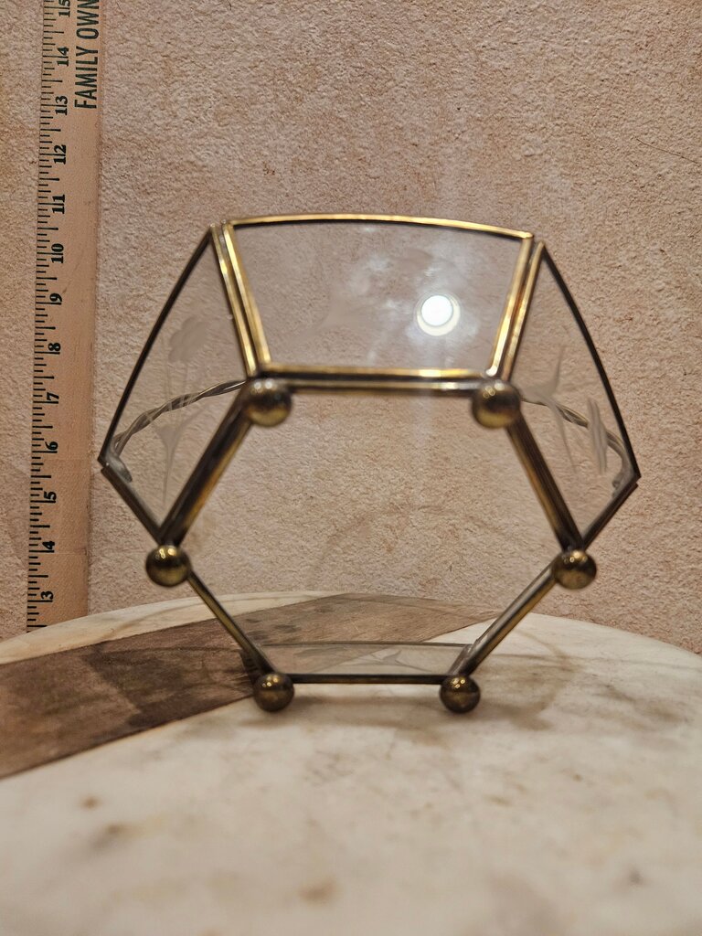 Glass & Brass Jewelry Tray basket Vanity Decor Bathroom Decor Floral Stenciled Designs Glass Panels w Brass Framing Ring Tray /Open Jewelry Box / table display Grandmacore Cottage Granny Core