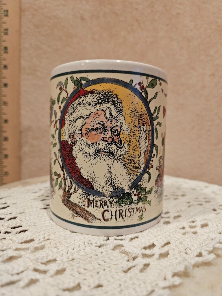 vintage As is JC Penney Holiday Christmas Mug Betty WHITEAKER coffee Christmas Themed Mug w Santa and Tree Design