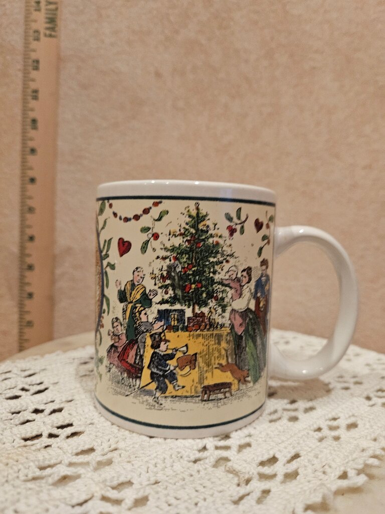vintage As is JC Penney Holiday Christmas Mug Betty WHITEAKER coffee Christmas Themed Mug w Santa and Tree Design