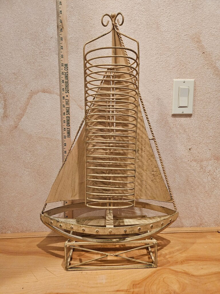 Unique Nautical Decorative Sailboat Large 27" Wrought Iron Verdigris Freestanding boat CD, DVD Media Rack nautical beach ocean decor farmhouse chic