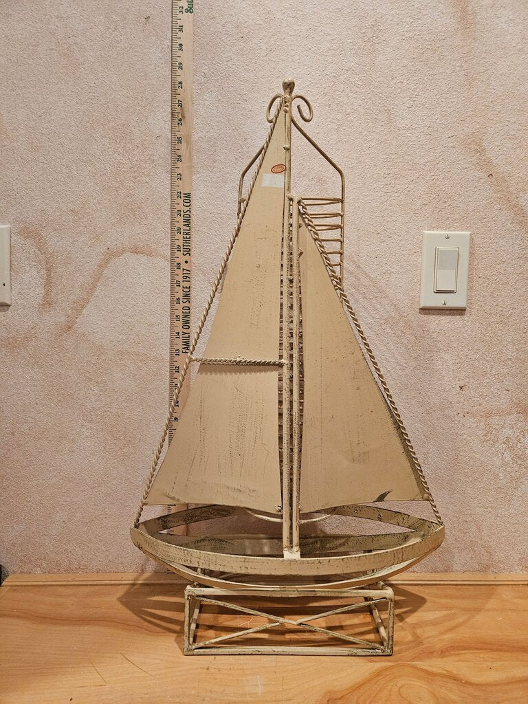 Unique Nautical Decorative Sailboat Large 27" Wrought Iron Verdigris Freestanding boat CD, DVD Media Rack nautical beach ocean decor farmhouse chic