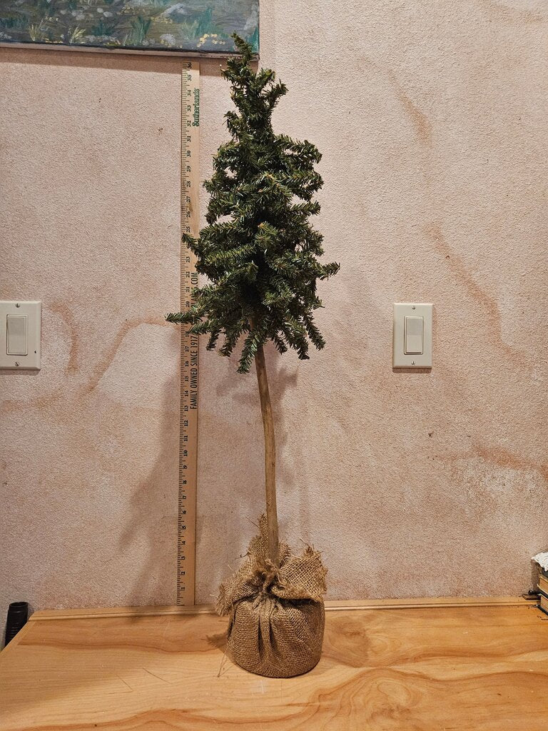 Mini Tall Artificial Pine Tree in Burlap Base Christmas winter display Grandmacore Cottage Granny core farmhouse decor