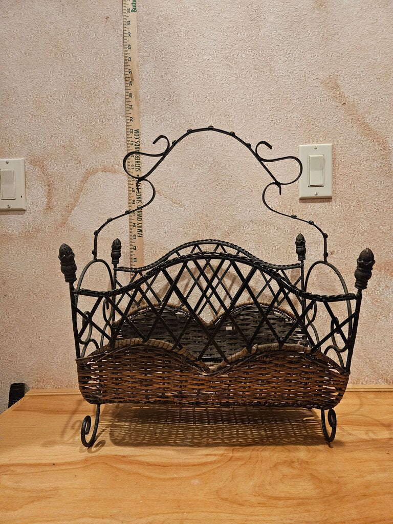 Vintage Metal & Reed Basket Magazine Holder /Book/ Elegant Storage / Fire Logs/ Towel Catchall Rack