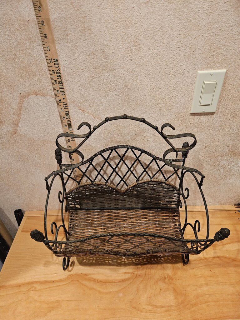 Vintage Metal & Reed Basket Magazine Holder /Book/ Elegant Storage / Fire Logs/ Towel Catchall Rack