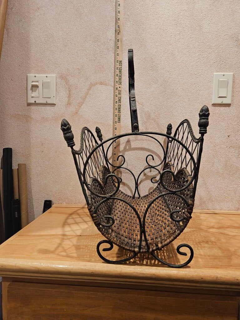 Vintage Metal & Reed Basket Magazine Holder /Book/ Elegant Storage / Fire Logs/ Towel Catchall Rack