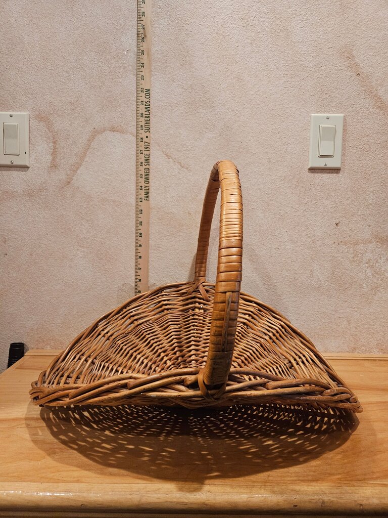 Handwoven Mid Century French Style Flower Gathering Wicker Basket w Handle Vanity Towel display, table farmhouse decor