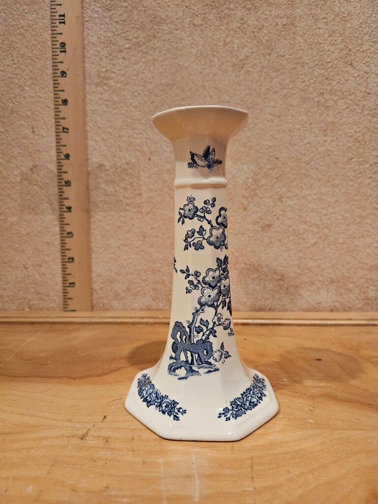 Mason's Patent Ironstone Vintage Blue & White Chinoserie Floral English Transferware Candlestick Holder Grandmacore Cottage Granny core