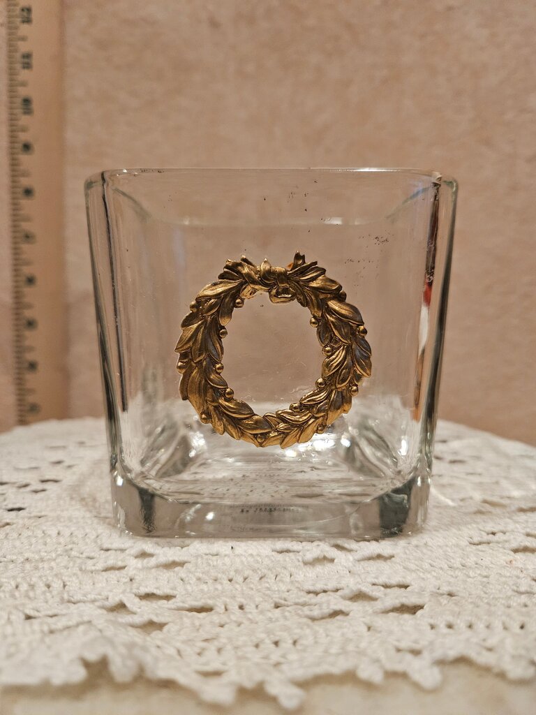 Glass Candle Holder w metal Holiday Wreath Christmas Decor Elegant & simple